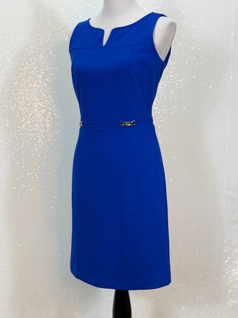 Ann Taylor Petite 8P Royal Blue Sheath Dress Gold Hardware Career Cocktail Midi - Picture 9 of 14